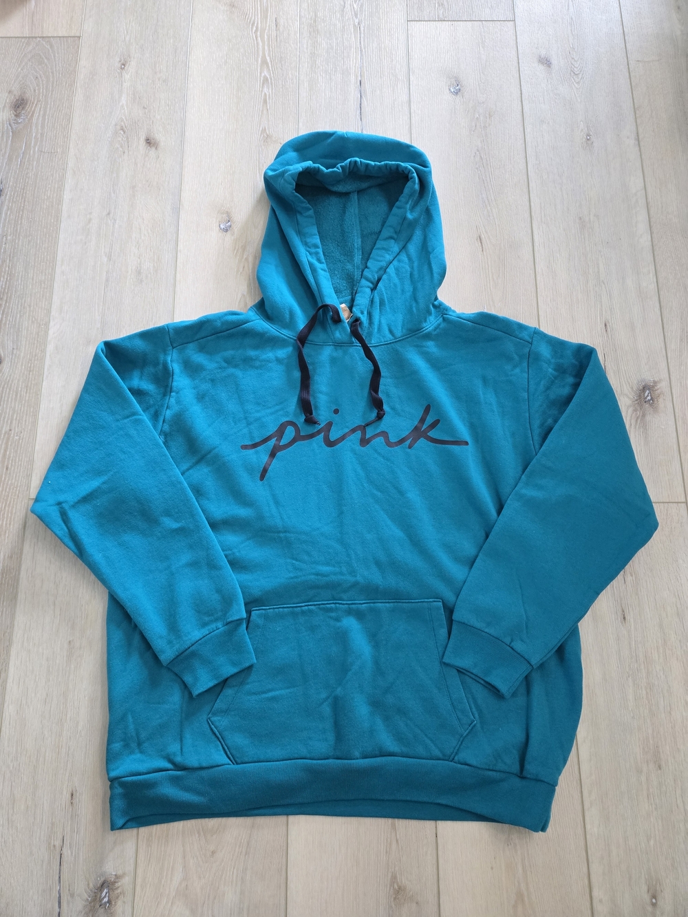 PINK Victoria's Secret Teal Logo Fleece Pullover Hoodie w/ Pockets XL